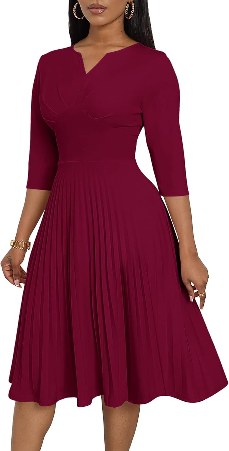 CLOCOR Midi Dresses for Women Casual Flared Pleated A Line