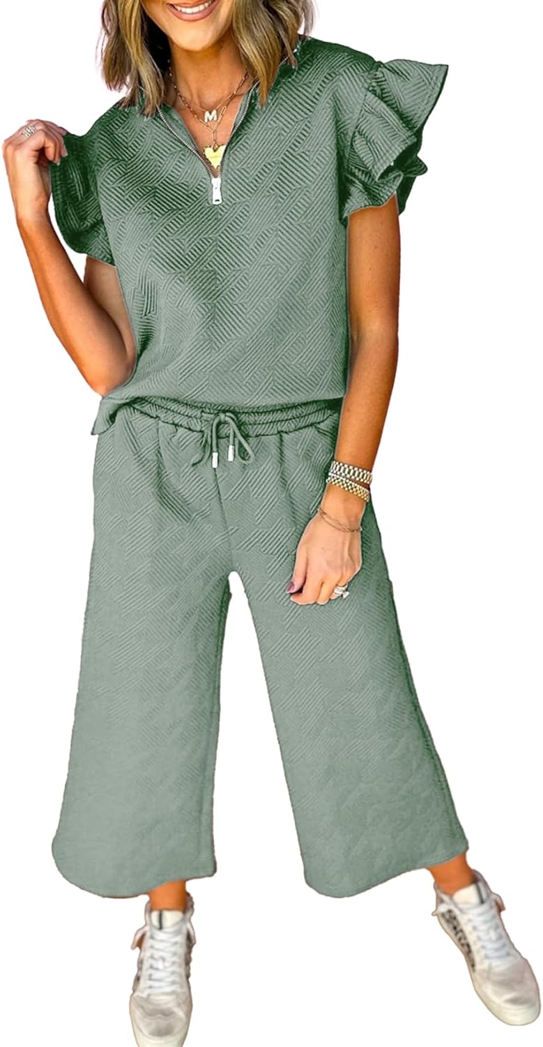 SHEWIN 2 Piece Sets Outfits for Women with Ruffle Polo Tops
