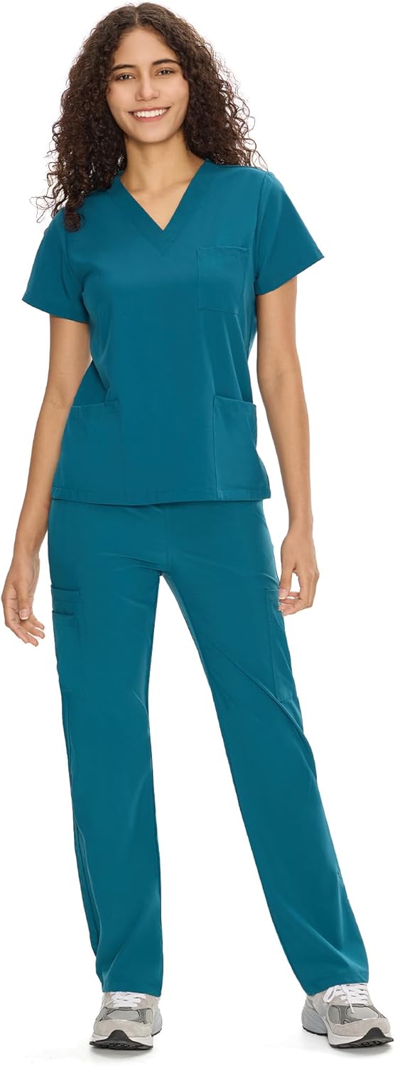 COZYFIT Scrubs for Women Set - V-Neck Top & Straight Leg Pants