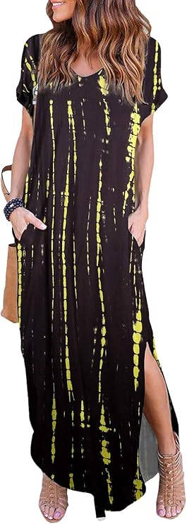 HUSKARY Women's Summer Maxi Dress with Pockets and Split Style