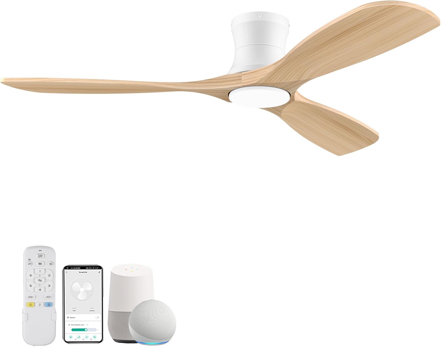 Smart 52 Wood Flush Mount Ceiling Fan with Lights and Remote Control