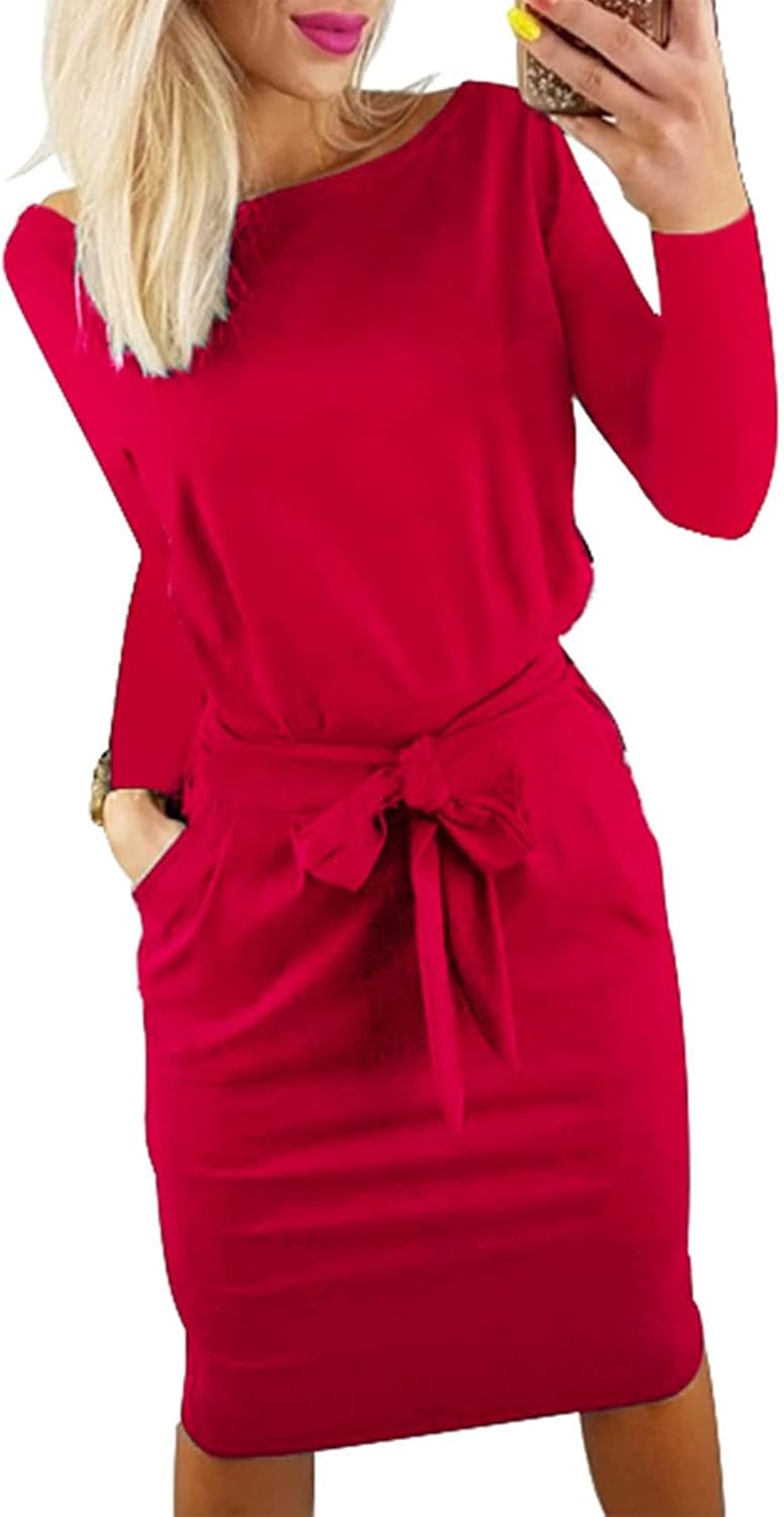 PRETTYGARDEN Women's Fall Bodycon Dress with Tie Waist and Pockets