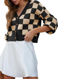 Dokotoo Womens Checkered V Neck Cropped Cable Knit Cardigan