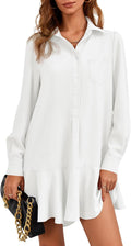 Fisoew Womens Casual Button Down Shirt Dress - Pleated Swing Mini