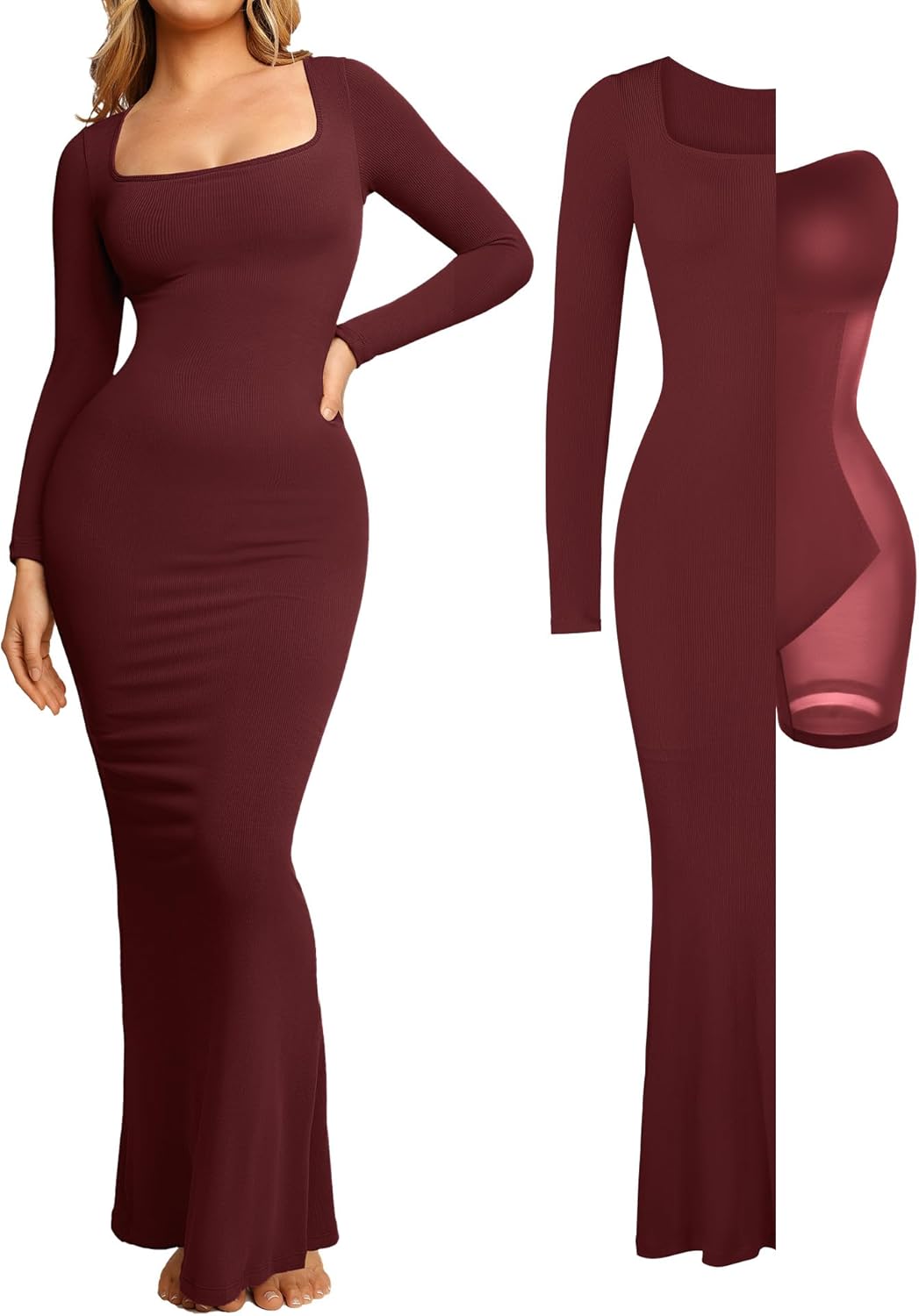 Popilush Women's Long Sleeve Maxi Dress with Built-in Shapewear