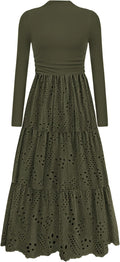 Long Sleeve Eyelet Mock Neck A-Line Maxi Dress - Elegant Fit
