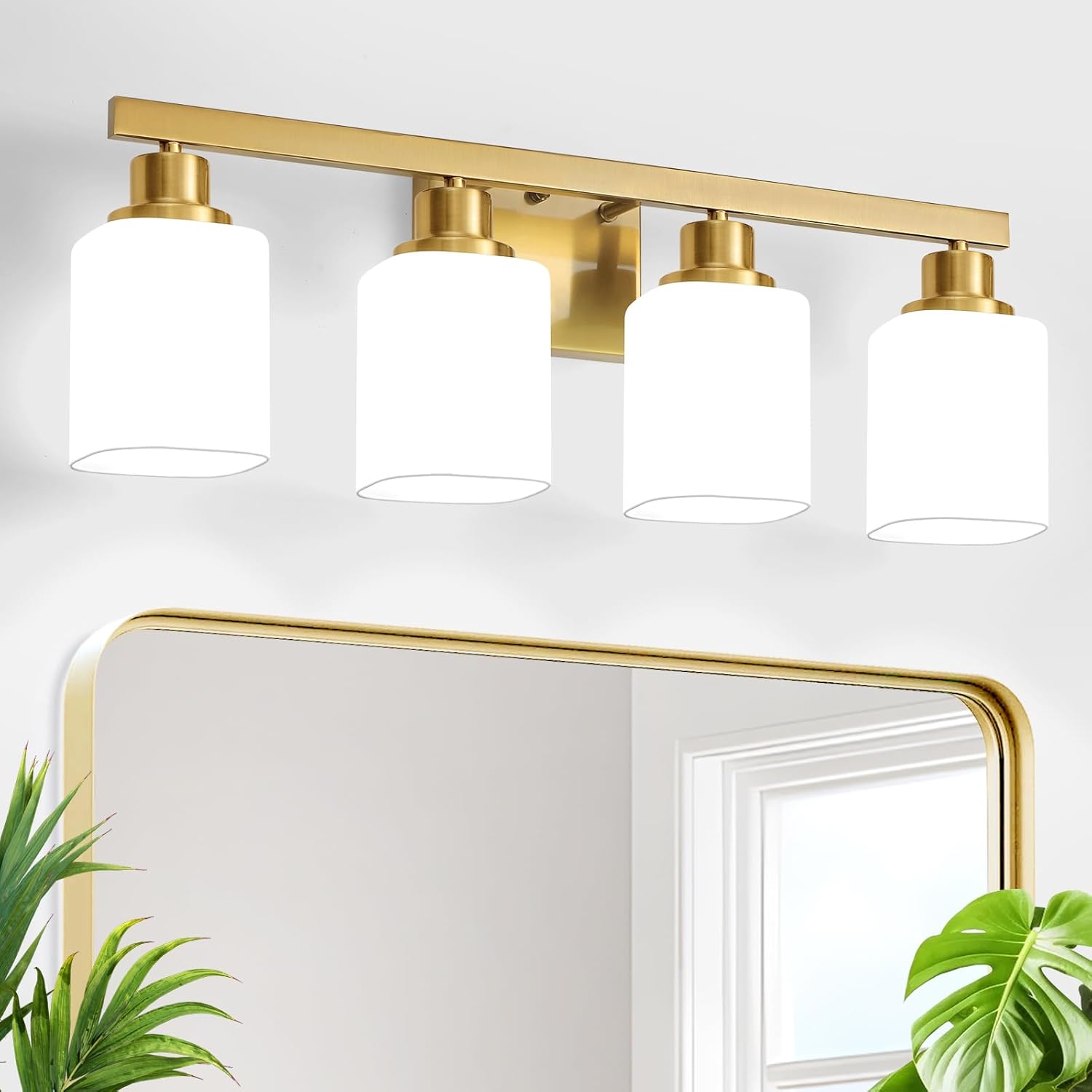 Brushed Gold Bathroom Vanity Light with Square Frosted Glass