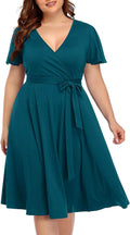 Pinup Fashion Women Plus Size Peacock Teal Wrap Midi Dress