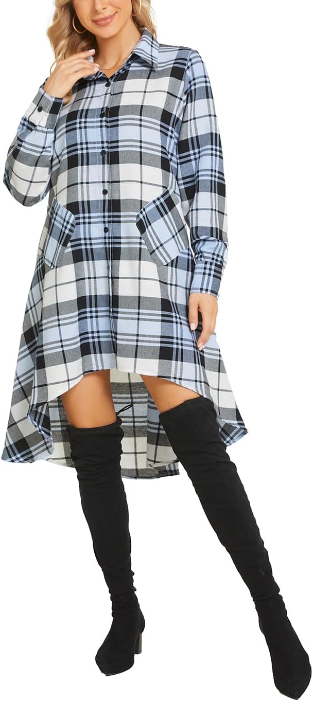Olrain Womens Plaids V Neck Long Sleeve Casual Shirt Dress