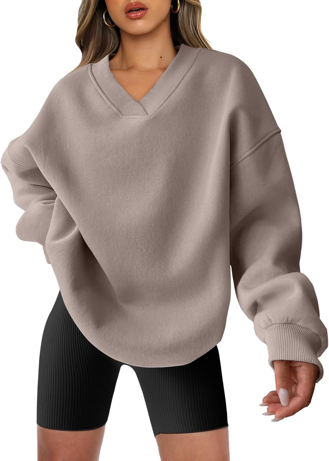 Oversized V Neck Sweatshirt for Women - Comfy Fleece Pullover