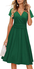 OUGES Women's Summer V-Neck Floral Short Party Dress with Pockets knee