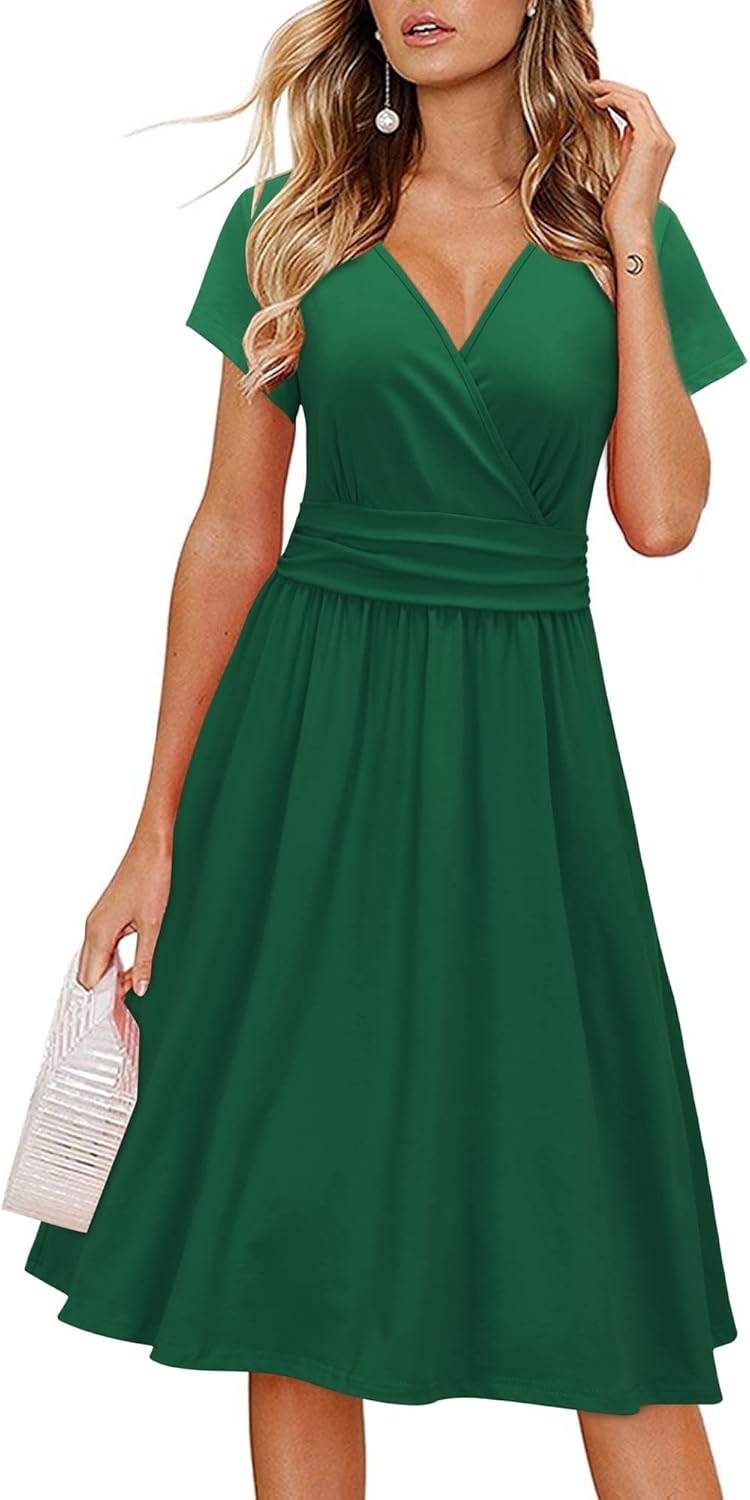 OUGES Women's Summer Short Sleeve V-Neck Floral Dress with Pockets