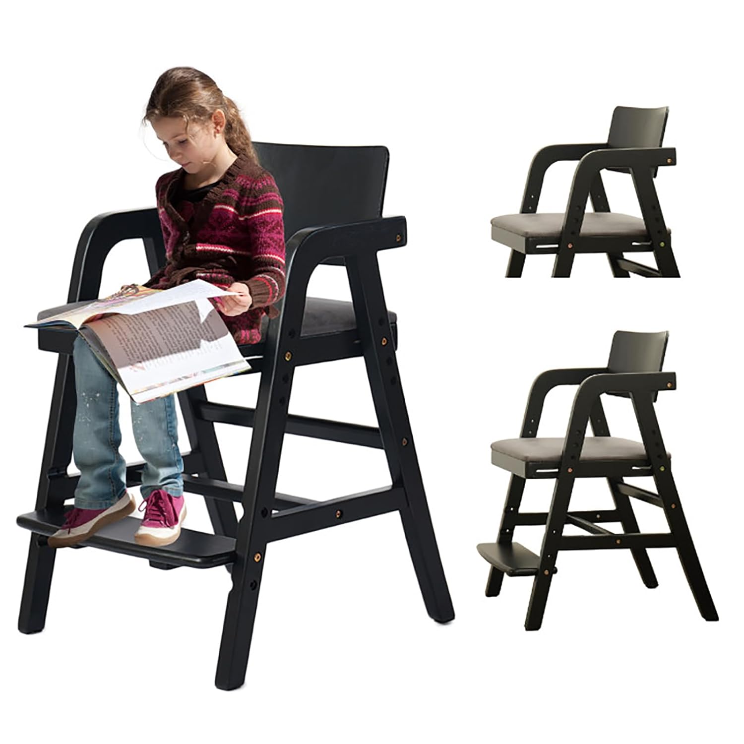 Solid Wood High Chair for Toddlers to Teens, Adjustable Dining Chair