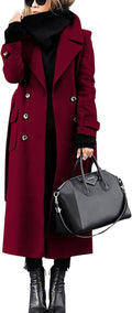 Women's Winter Double Breasted Wool Coat with Belt - Classic Midi Pea