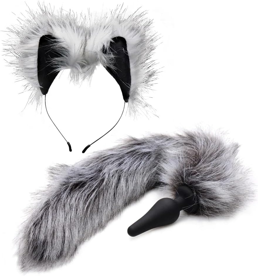 Grey Wolf Tail Anal Plug and Ears Set for Animal Role Play