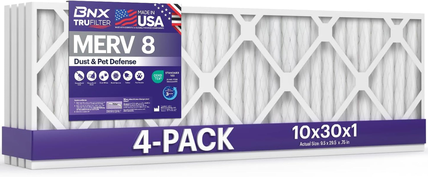 BNX TruFilter 10x30x1 MERV 8 Air Filter for Dust & Pet Defense