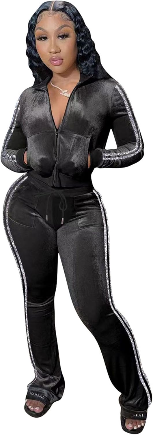 Womens Velour Tracksuit Set with Zip Up Crop Top and Pants