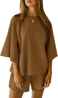 Womens 3/4 Sleeve Pajama Set - Oversized Top with Elastic Shorts