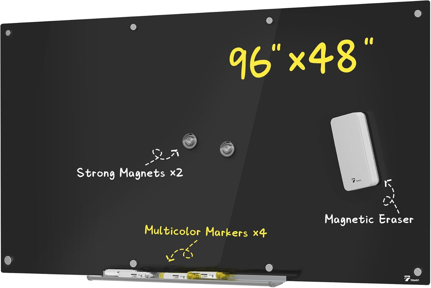 TOWON 8 x 4ft Whiteboard Large Glass Dry Erase Board Magnetic