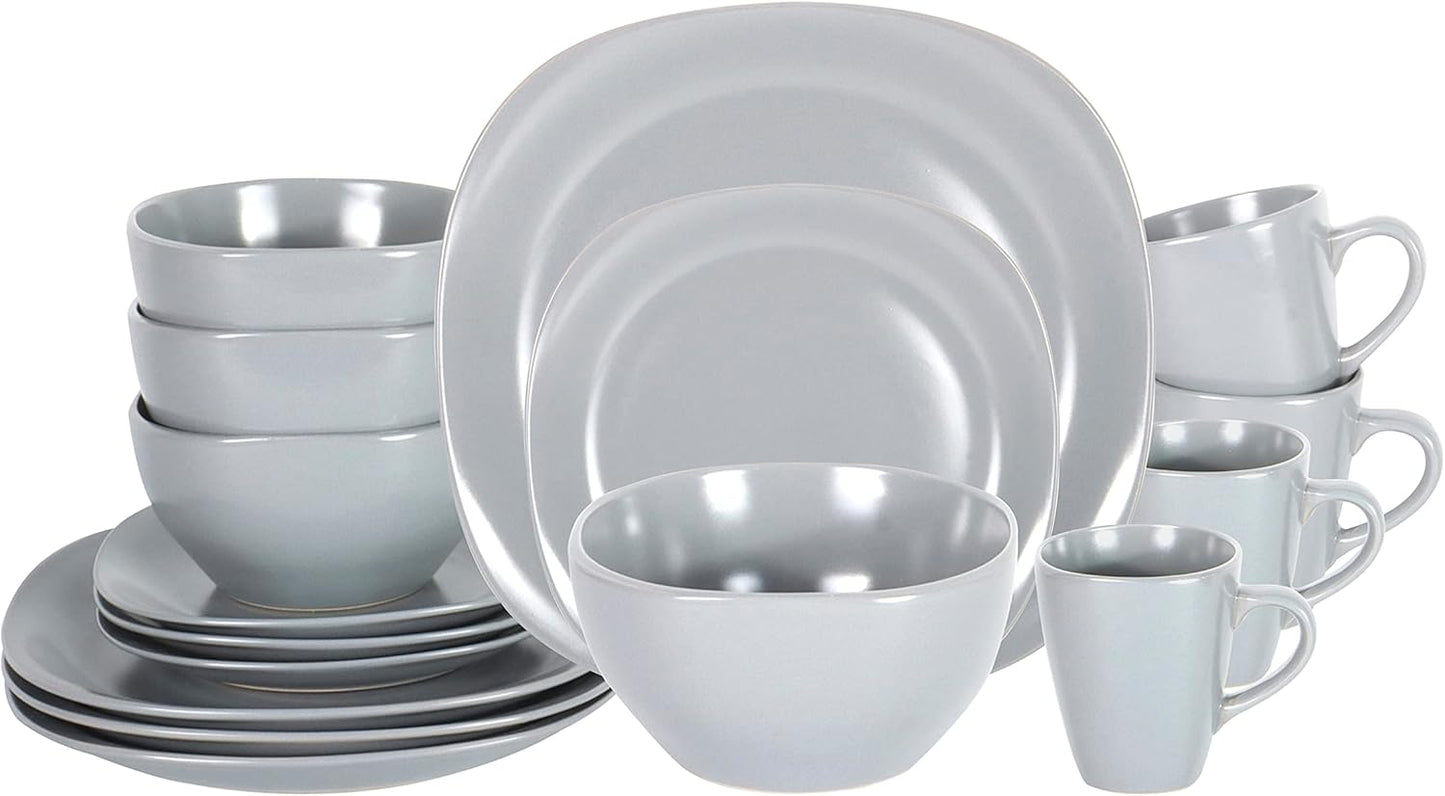 Stoneware Square 16pc Dinnerware Set in Matte Grey for Modern Dining