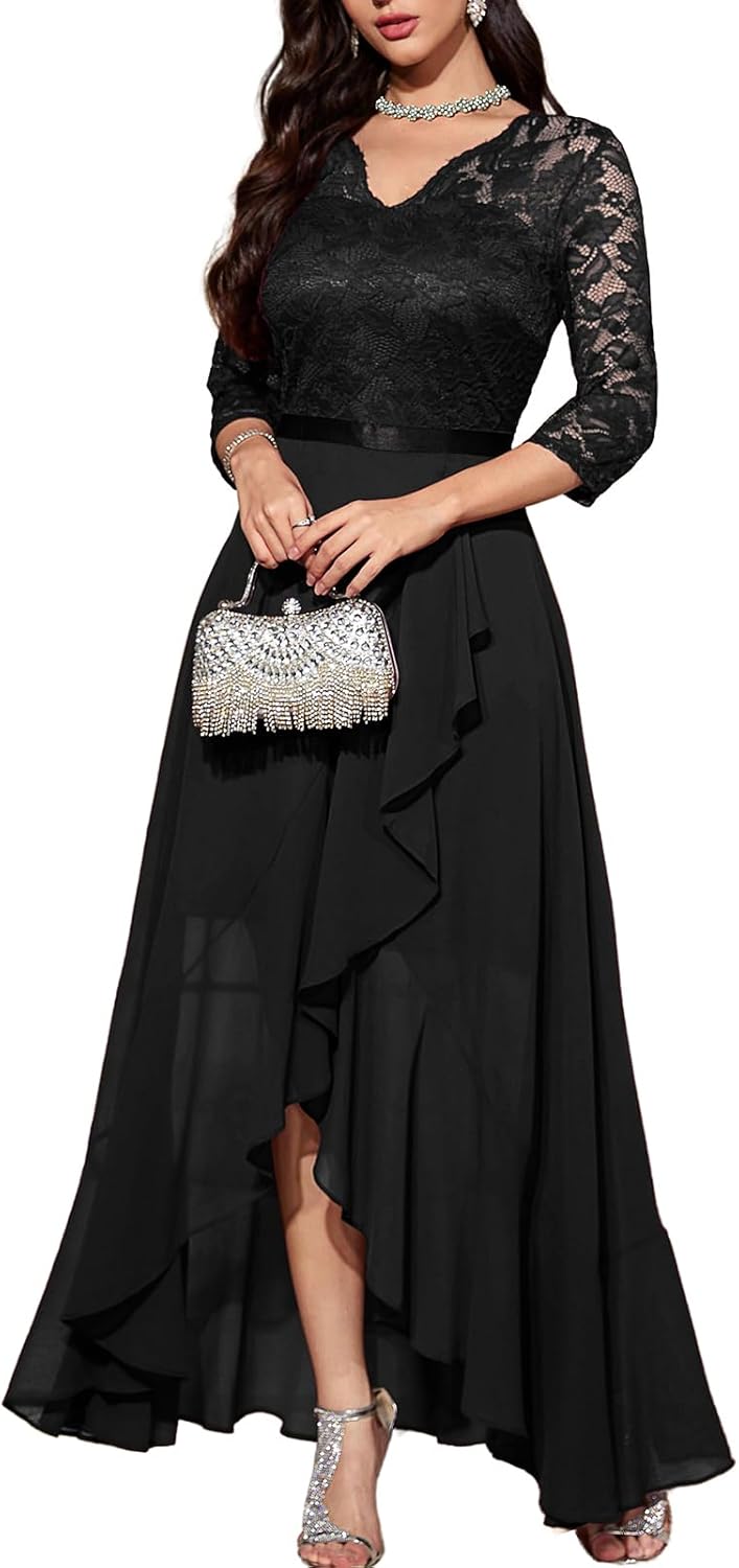 Elegant V-Neck Hi-Lo Floral Lace Dress for Wedding Guests