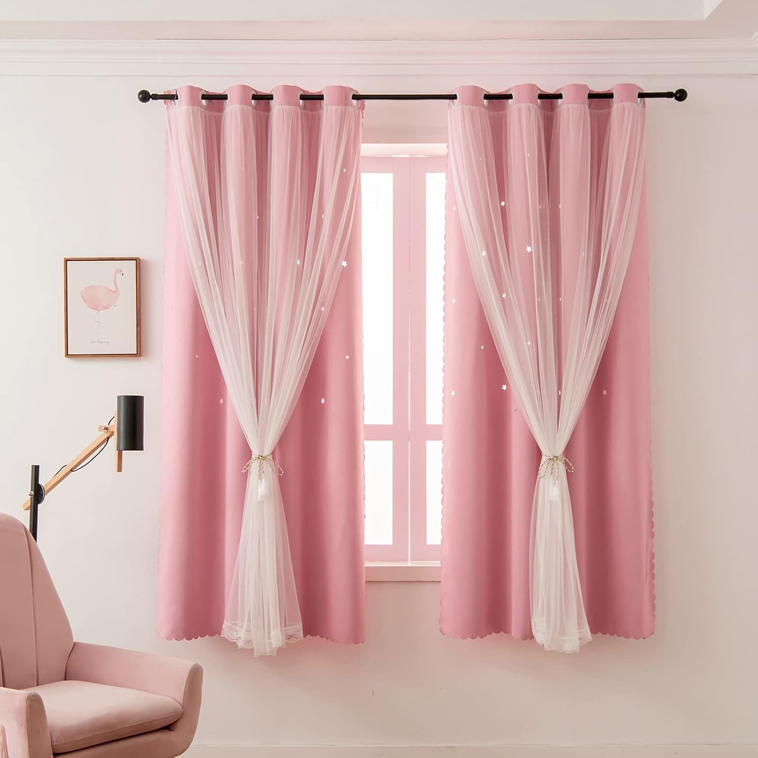 Pink Curtains for Girls Bedroom - Cute Star Cutout Design