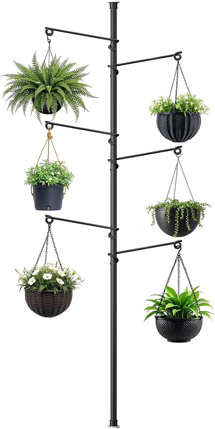 Tension Rod Plant Stand for Indoor Hanging Plants - 6 Hooks