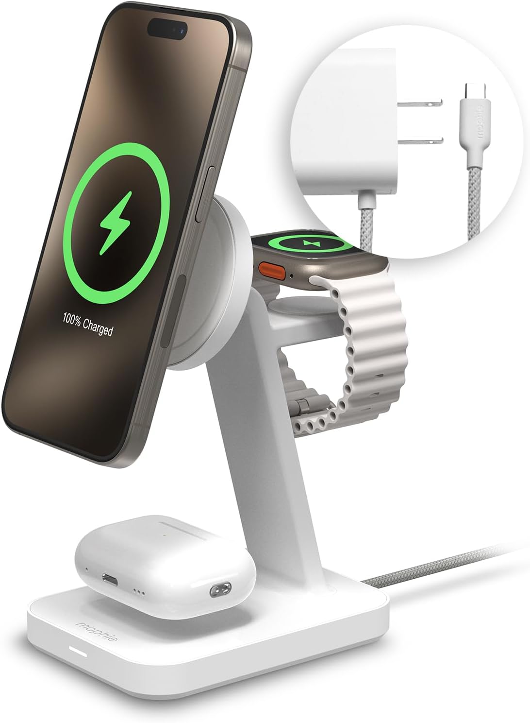 mophie Snap+ 3-in-1 Charging Stand - MagSafe & Qi2 Certified, Multi-Device Charging, White