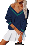 Womens V Neck Oversized Striped Cable Knit Sweater - Cozy Chic