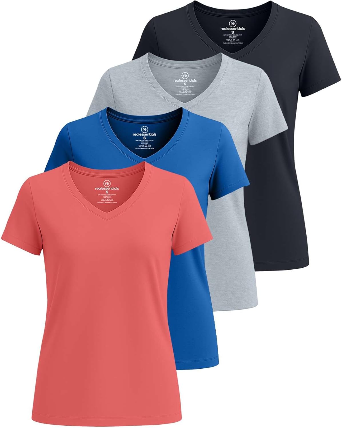 Real Essentials Women's Classic-Fit Cotton V-Neck T-Shirt 4 Pack