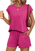 AUTOMET Womens Crew Neck Two Piece Short Sets - Summer Drawstring Set