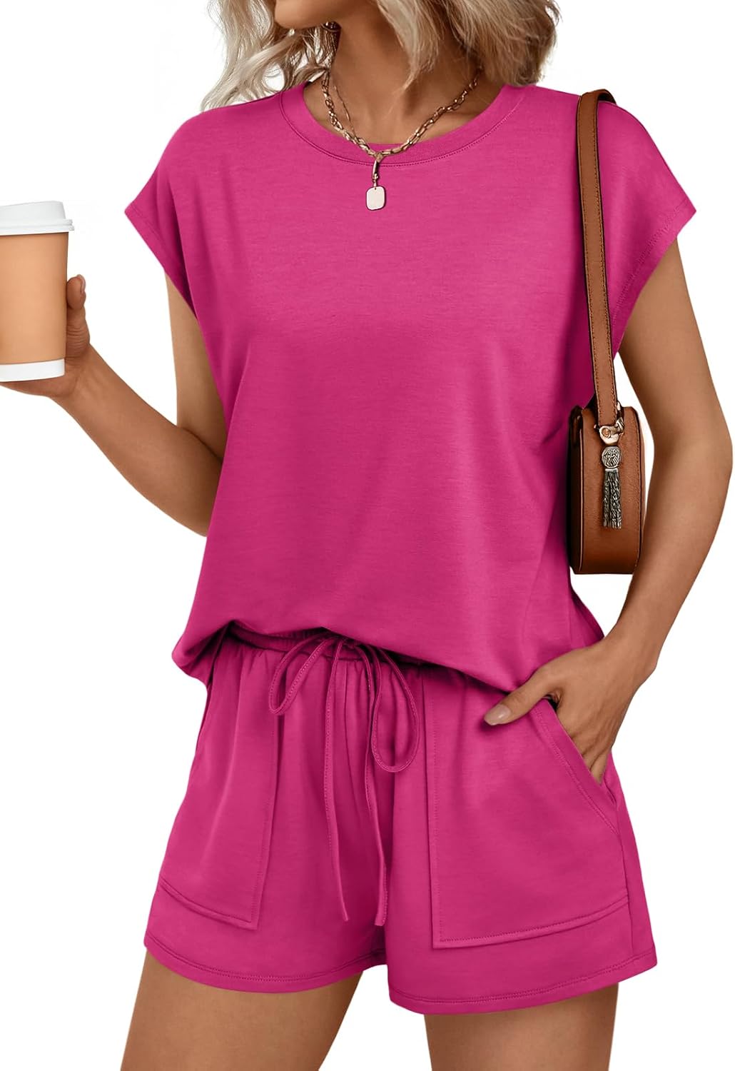 AUTOMET Womens Crew Neck Two Piece Short Sets for Summer Fun