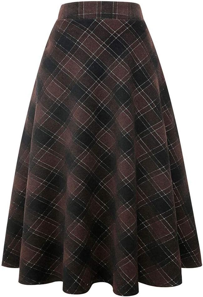 Long Plaid Wool Skirt for Womens Winter Fall Warm High Waist