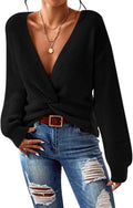 Pink Queen Women's Casual Twist Knot Cropped V Neck Sweater - Soft