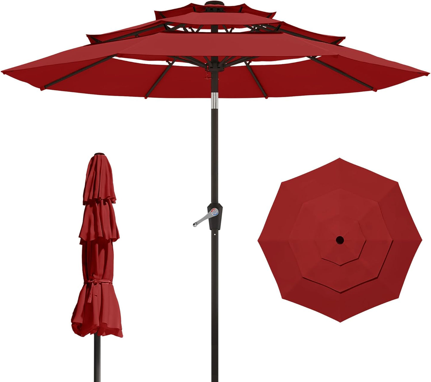 9FT 3 Tiers Patio Umbrella with Auto Tilt for Outdoor Use