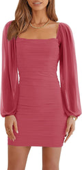 Mesh Long Sleeve Square Neck Ruched Mini Bodycon Dress - Sleek Fit Dry