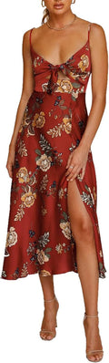 Fashionme Women Spaghetti Strap Midi Satin Dress - Flattering Summer