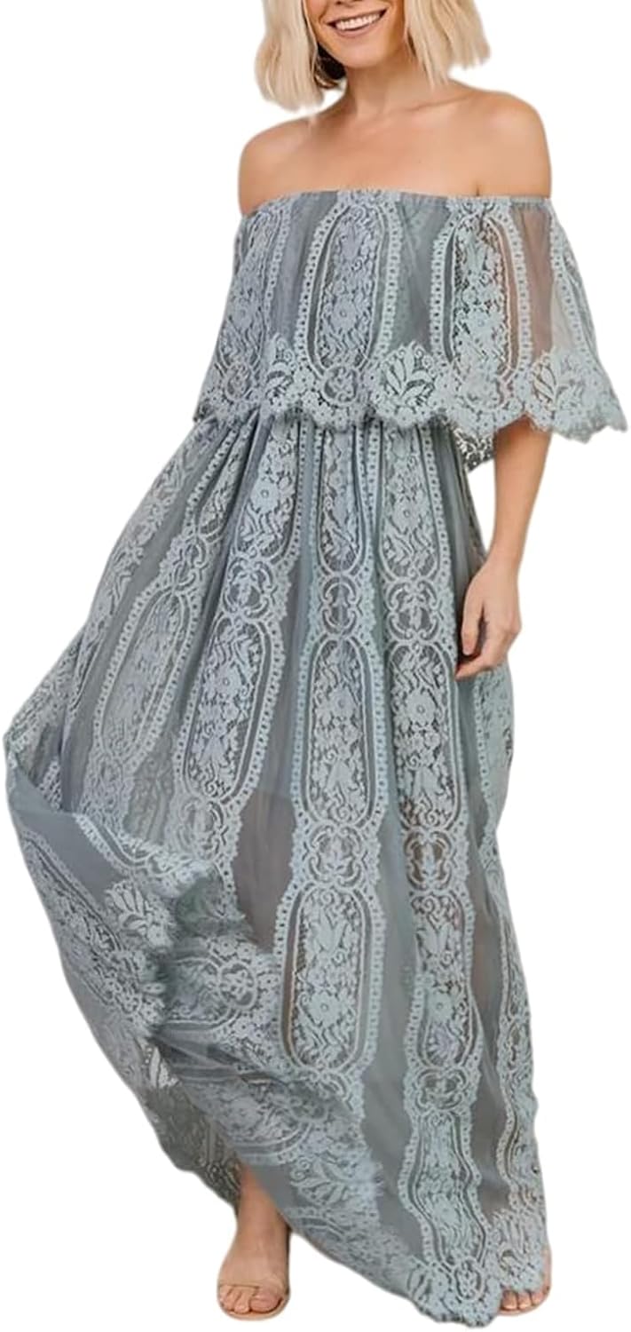 HOYISHION Women's Off The Shoulder Floral Lace Maxi Dress