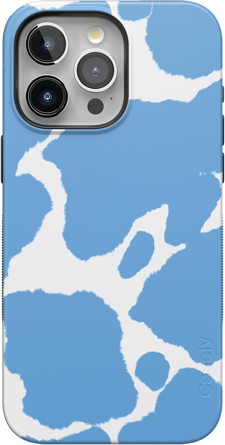 Casely iPhone 15 Pro Max Case with Light Blue Cow Print Design