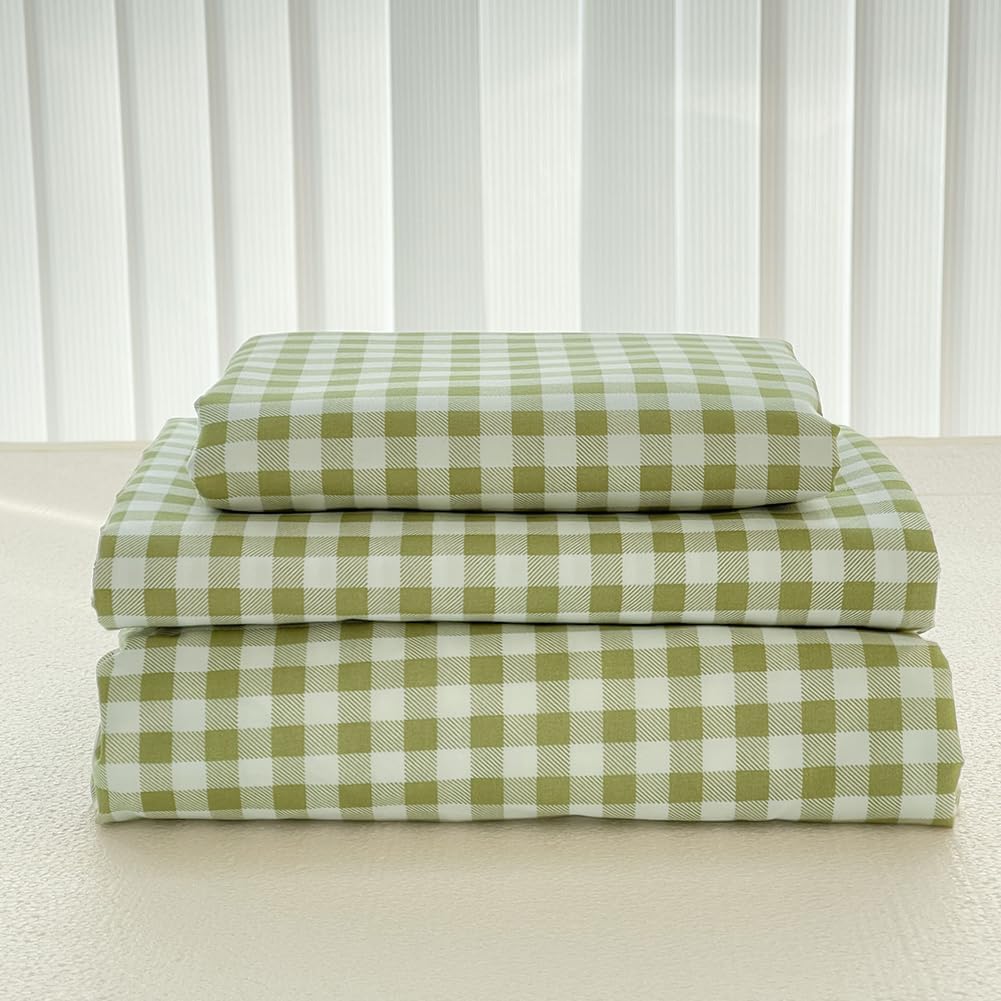 Sage Green Gingham Queen Sheet Set for Cozy Bedroom Decor