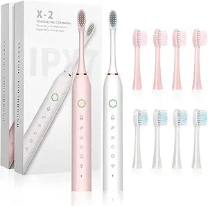 2 Pack Sonic Electric Toothbrush for Adults and Kids with 8 Heads