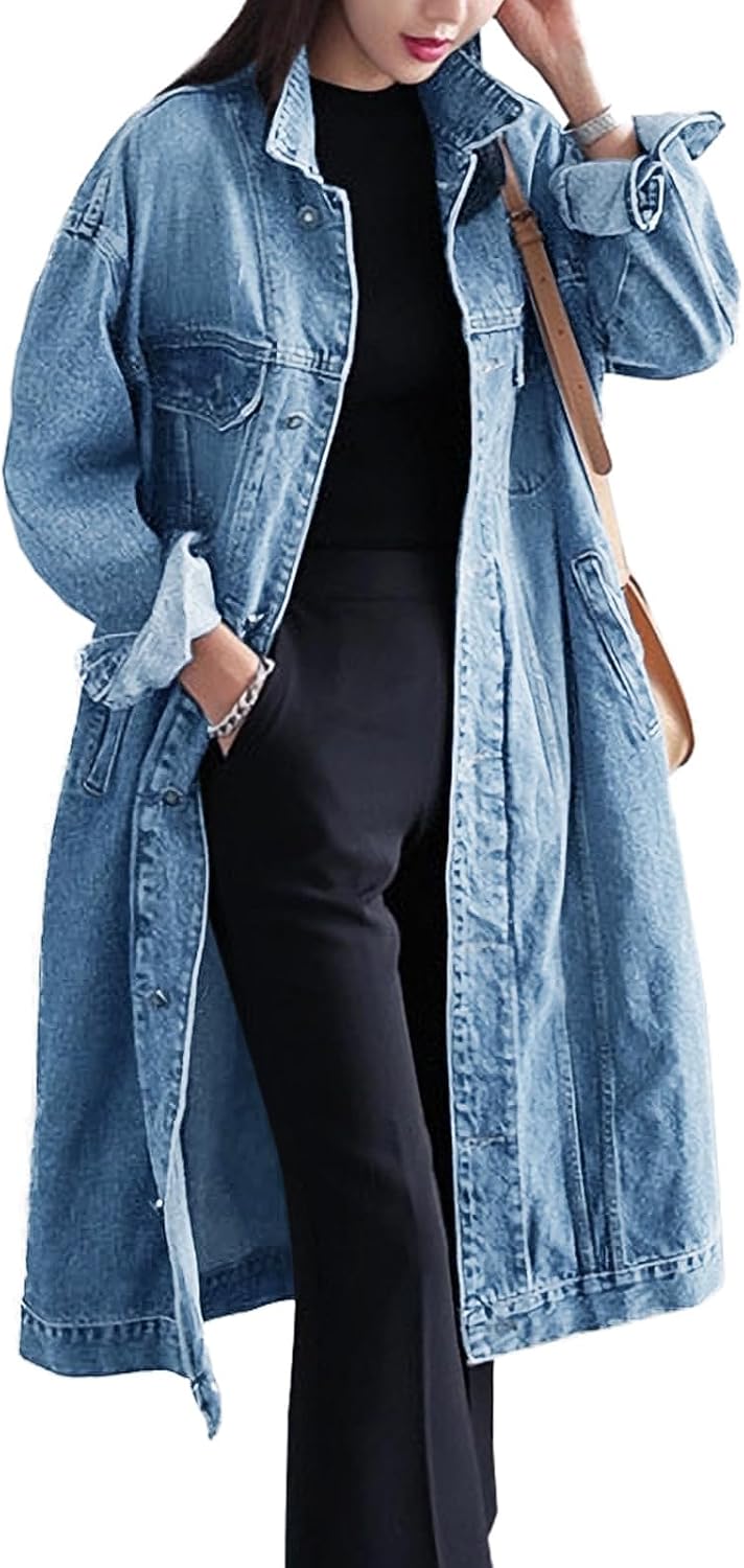 Womens Classic Jean Jacket Plus Size Long Sleeve Denim Coat