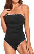 Women Tummy Control One Piece Swimsuit Strapless Bandeau - Black White