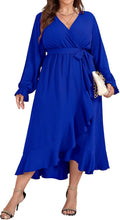 Plus Size Faux Wrap V Neck Maxi Dress - Flattering Long Sleeve Option