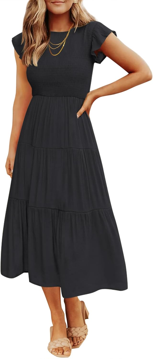 ZESICA Women's Casual Flutter Sleeve Midi Dress for Summer Fun