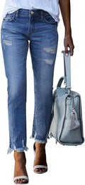 EVALESS Womens High Waisted Ripped Straight Ankle Jeans - Tummy Some