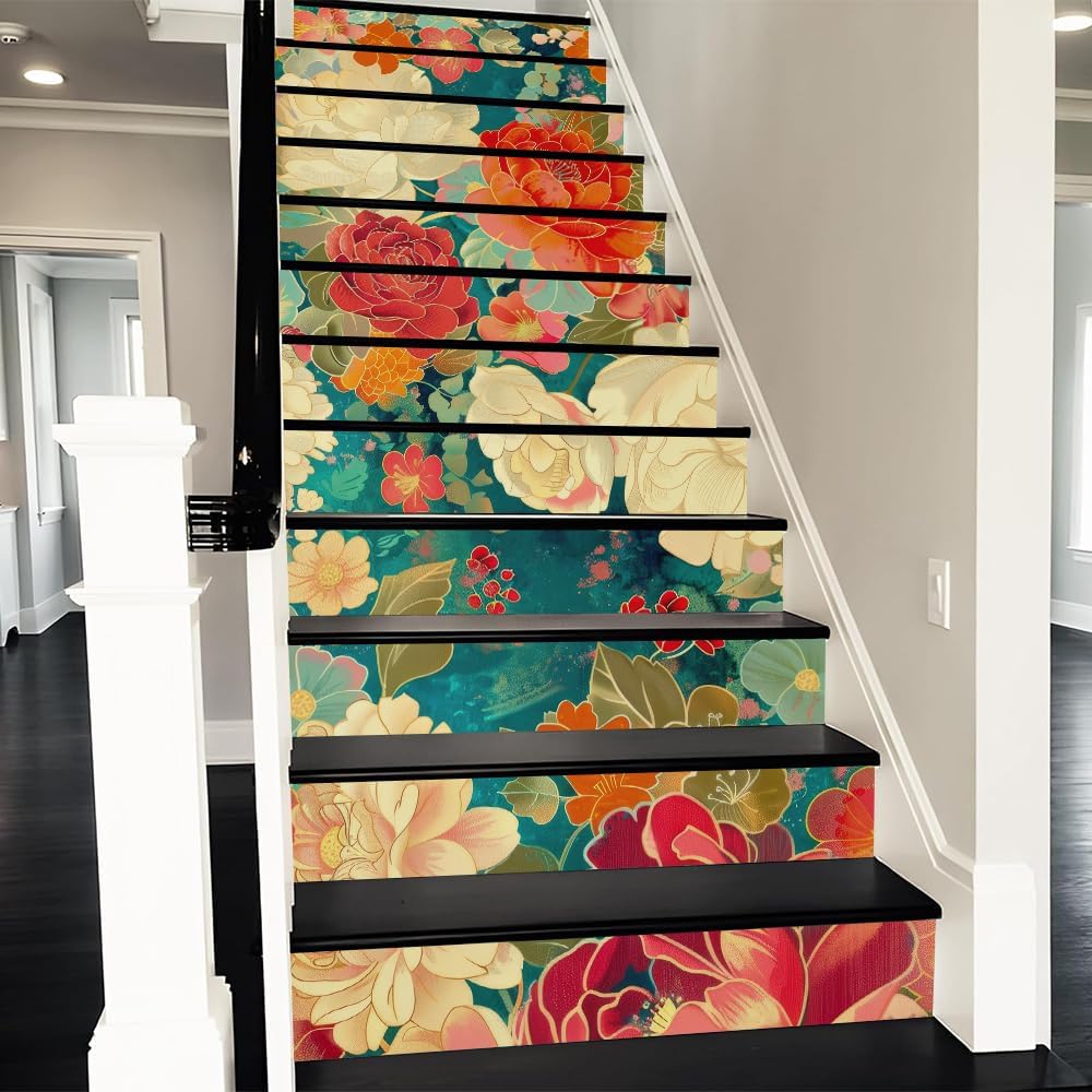 Vintage Large Peony Rose Floral Peel and Stick Stair Riser Decals