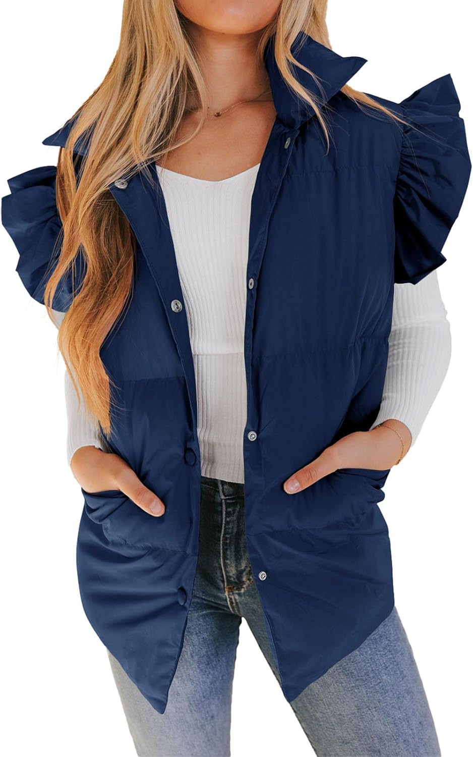 Valphsio Women's Puffer Vest with Ruffle Sleeves for Winter Style
