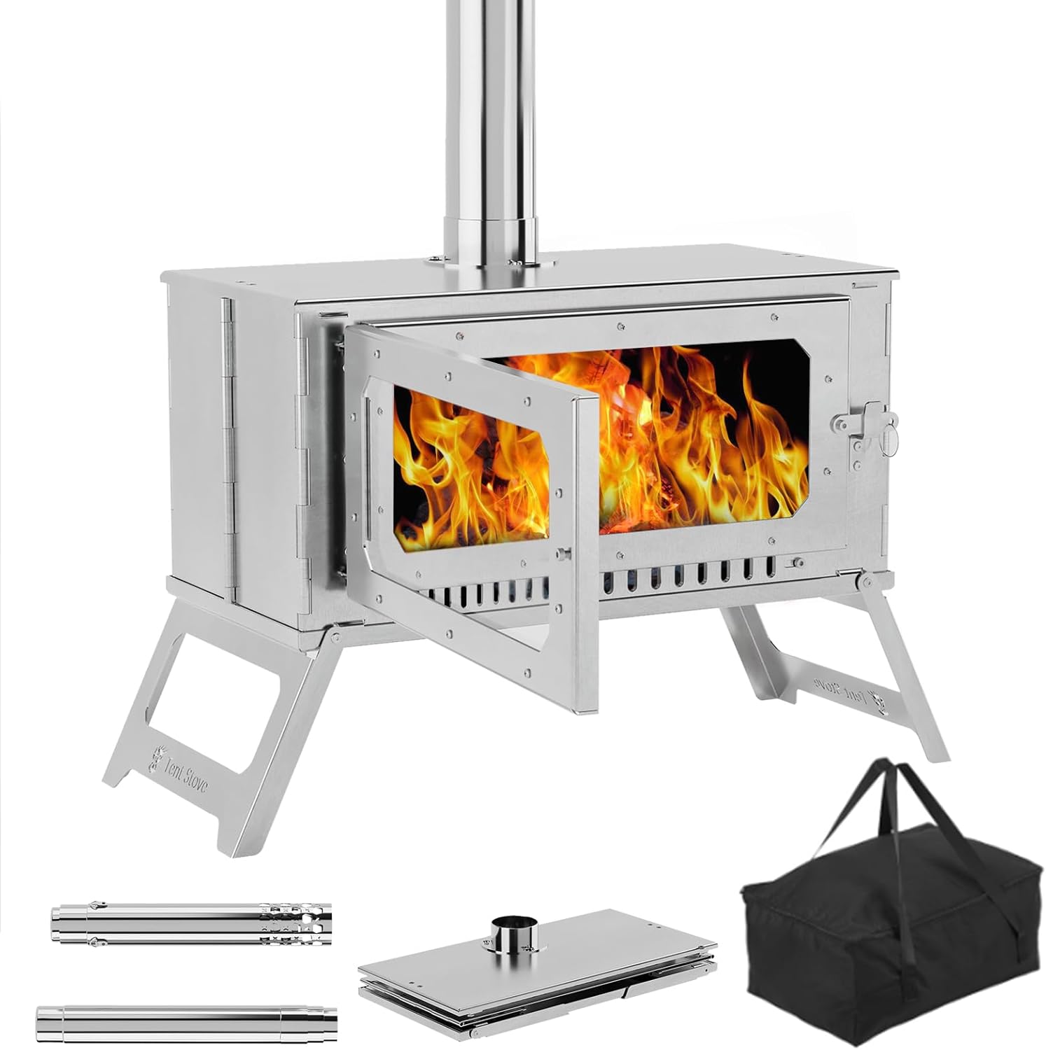 STMHOM Portable Hot Tent Stove - View Glass & 5 Chimney Pipes