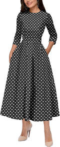Vintage Cotton Polka Dot & Floral Mid-Calf Dress for Women - Retro